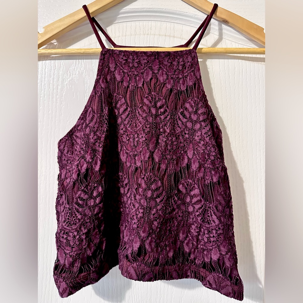 Kendall + Kylie Burgundy / Maroon Lace Crop Racerback Tank Top